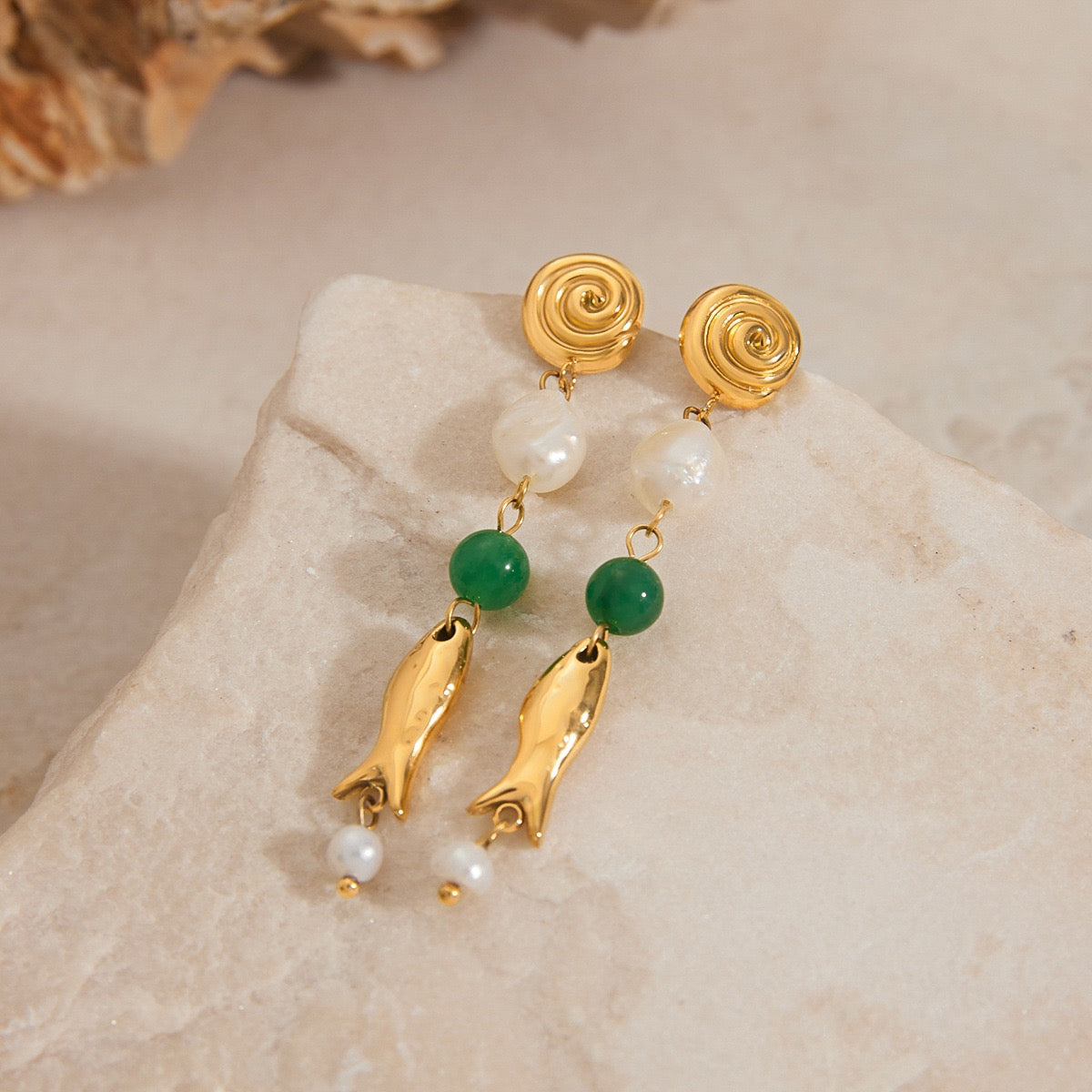 Green fish beach earrings
