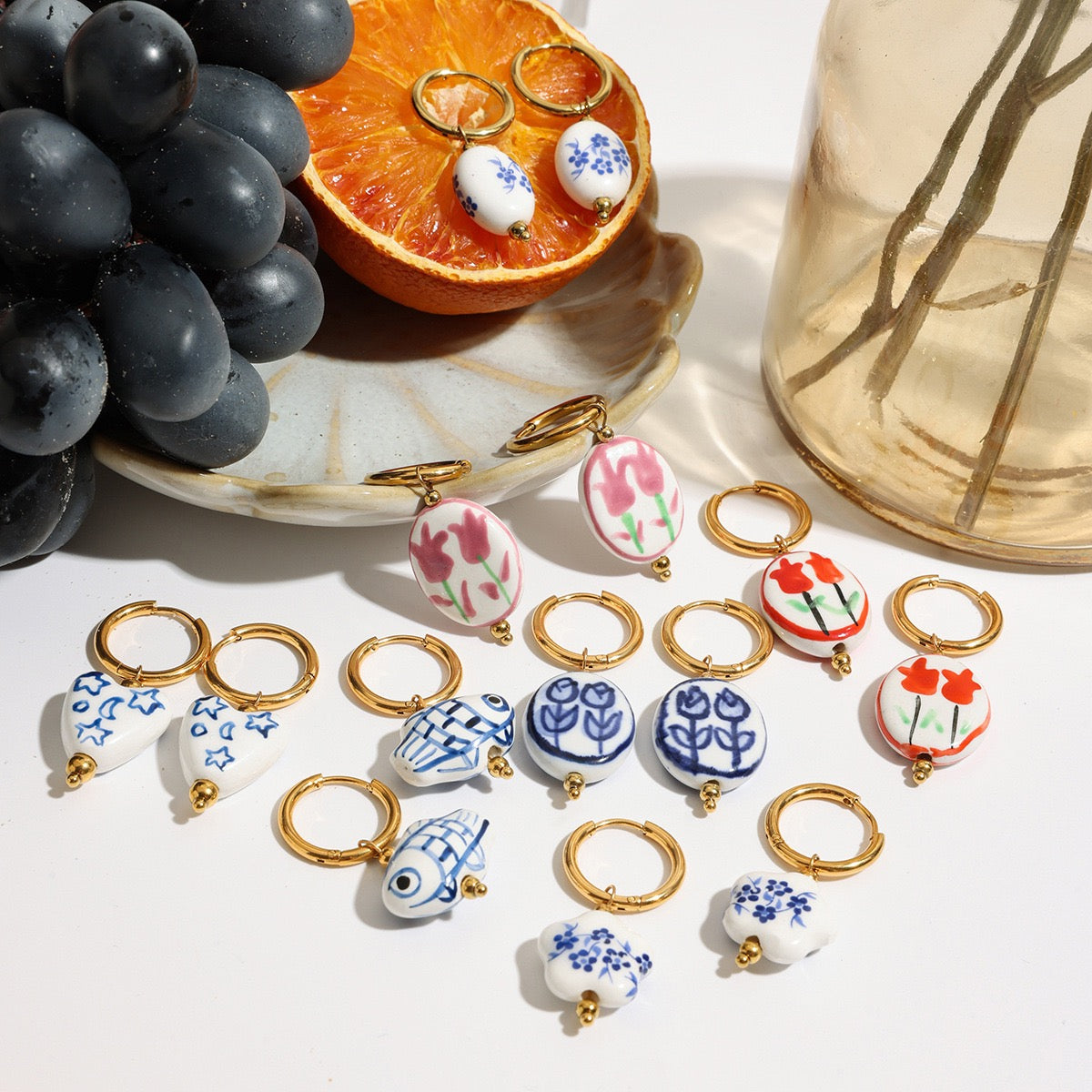 Ceramic blue tulip hoops