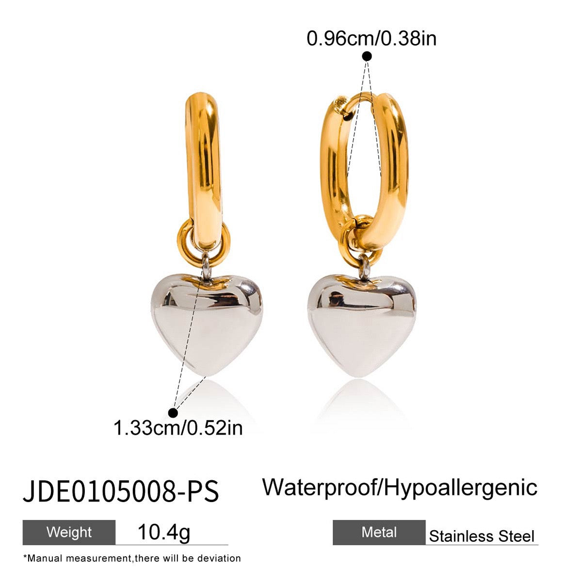 Two tones heart hoops earrings