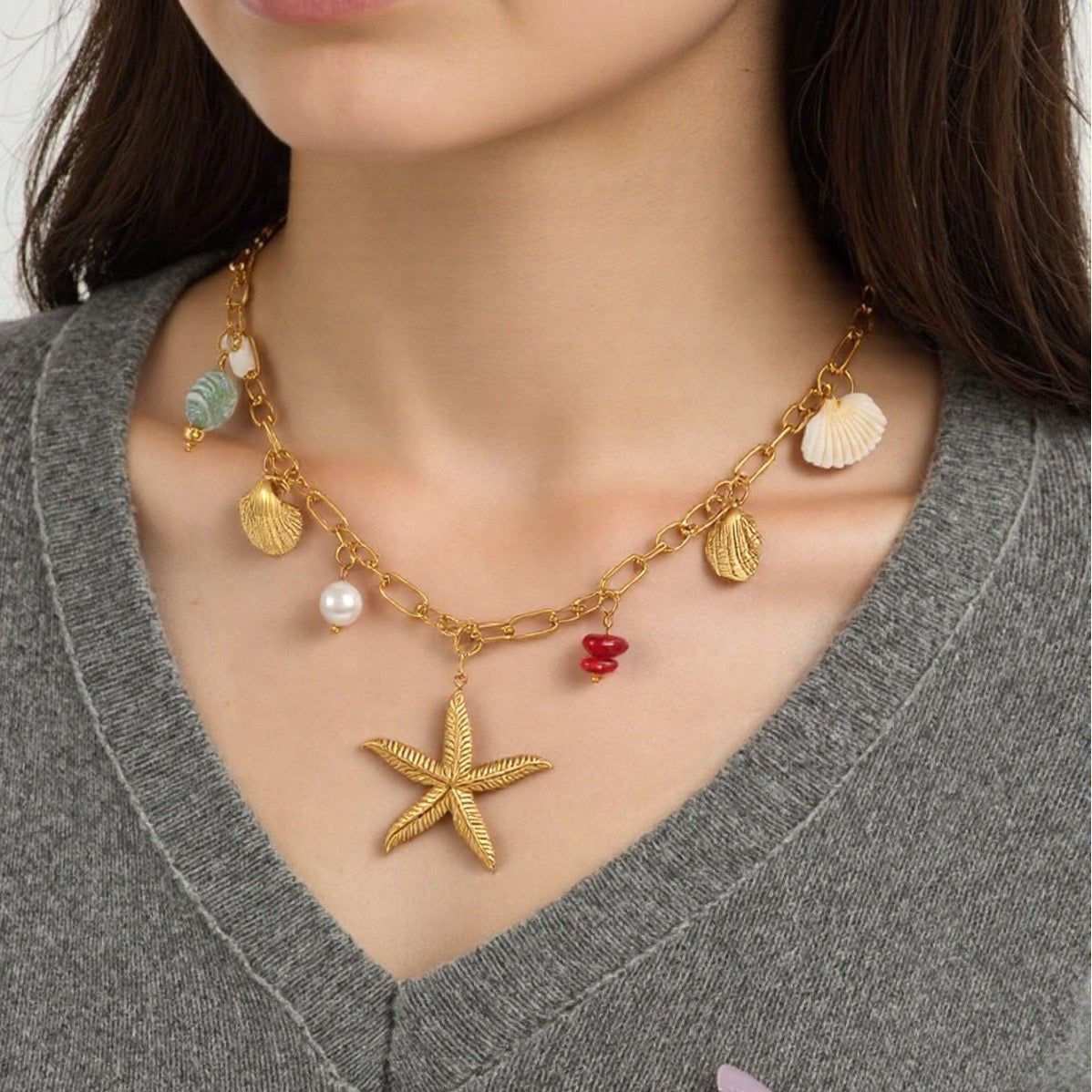 Starfish seahorse charm necklace