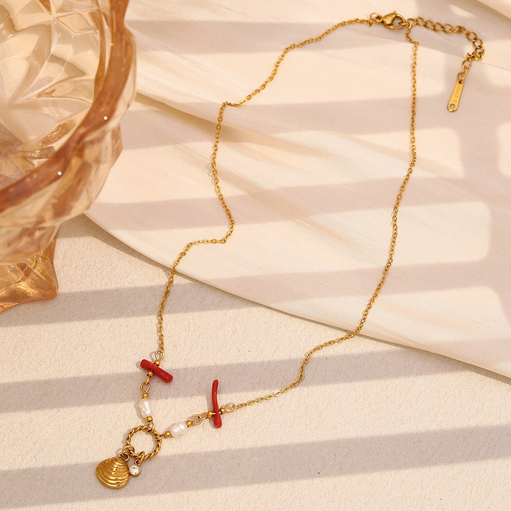 Red coral mini shell necklace