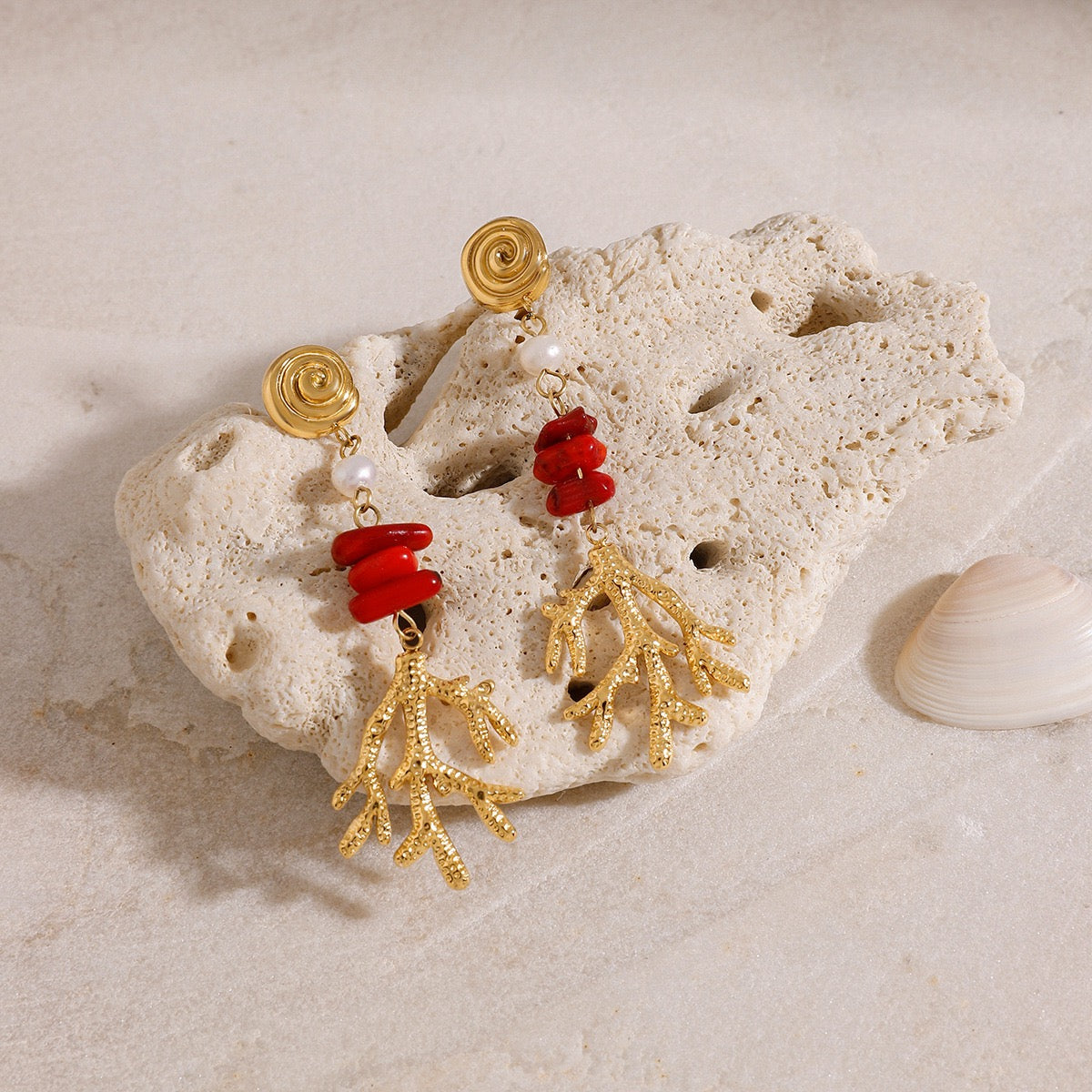 Red stone coral earrings