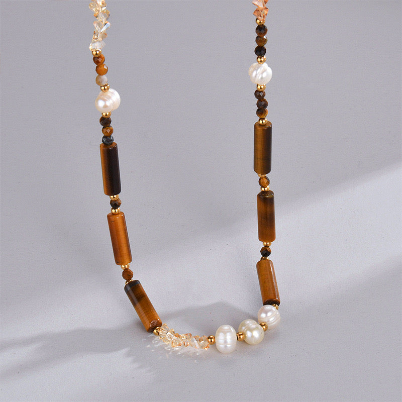 Tigereye natural stones pearl necklace