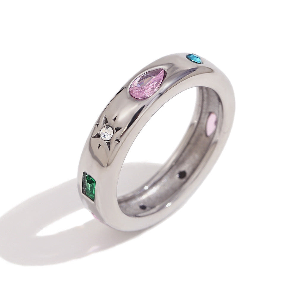 Rainbow zircon rings