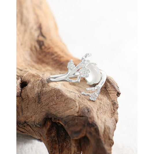 Branch rose silver ring