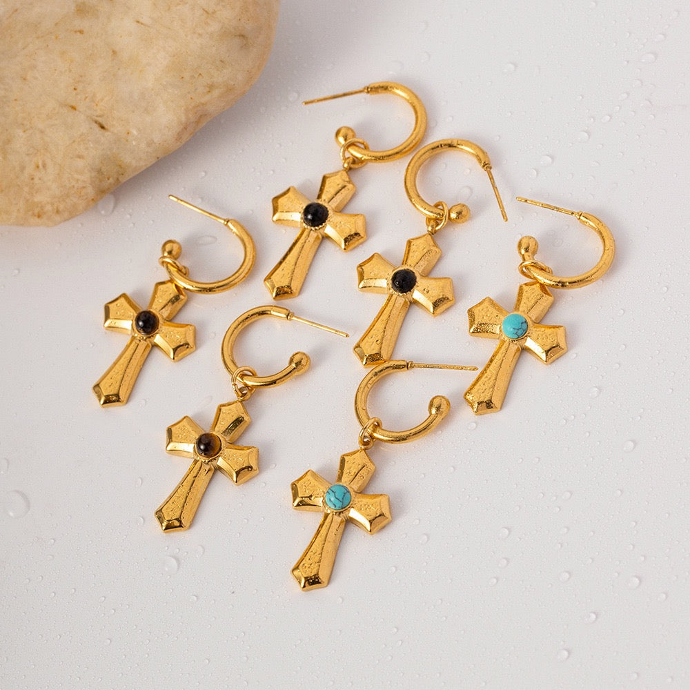 Blue heart cross earrings