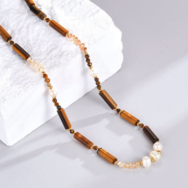 Tigereye natural stones pearl necklace