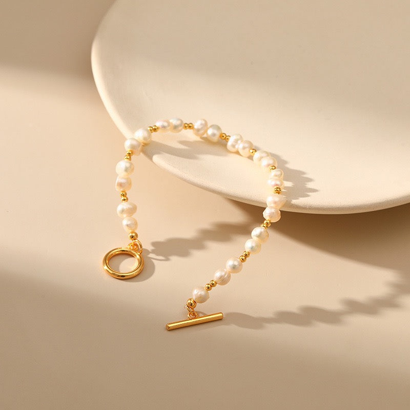 Gold beads freshwater pearls bracelet