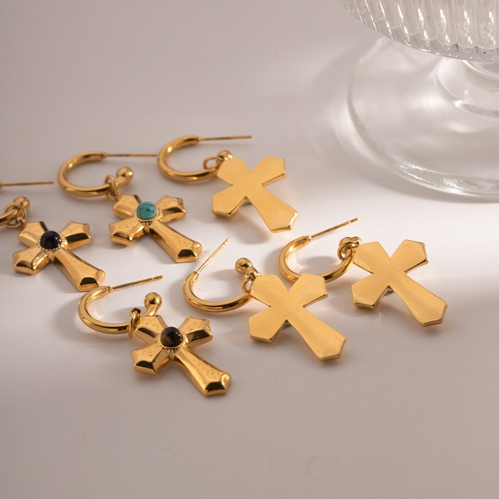 Blue heart cross earrings