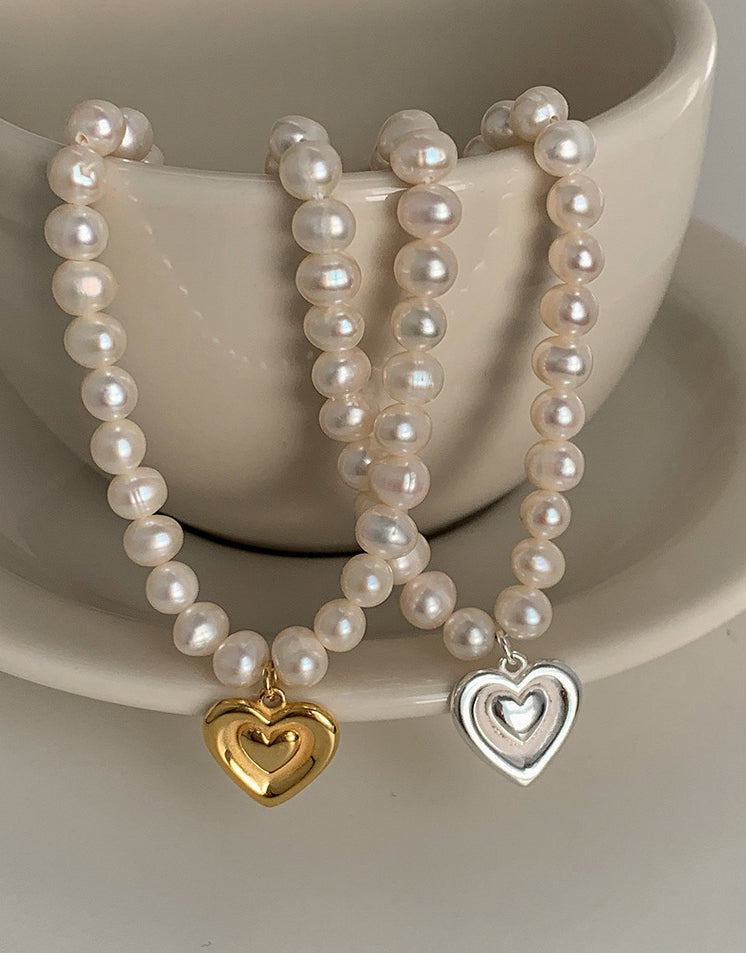 Gold heart freshwater pearls necklace