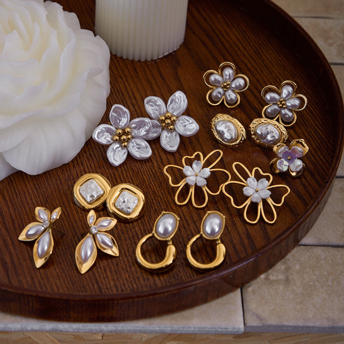 White pearly flower earrings
