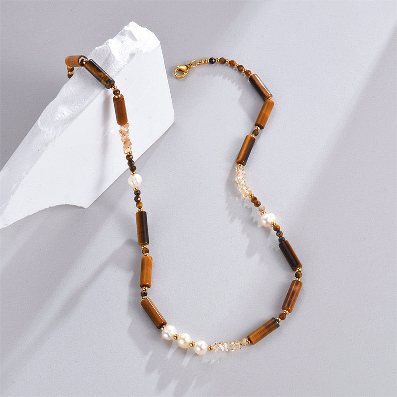 Tigereye natural stones pearl necklace