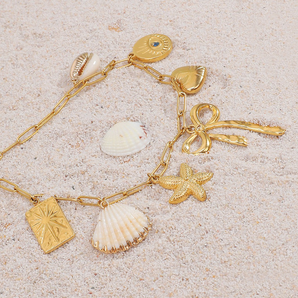 Bow shell starfish charm necklace