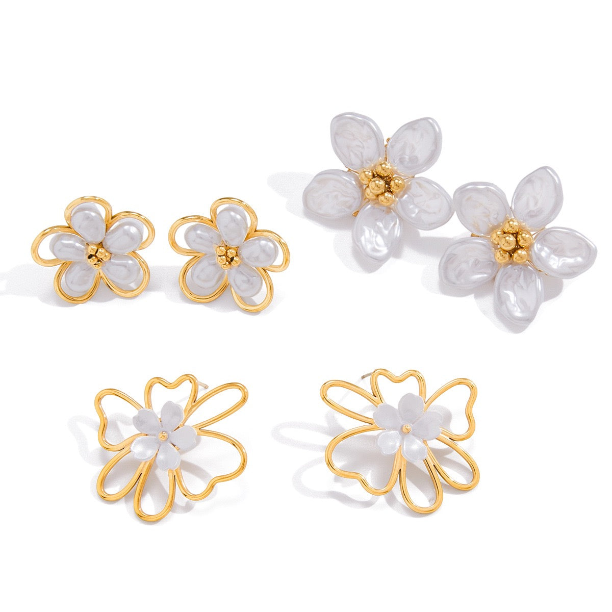 White pearly flower earrings
