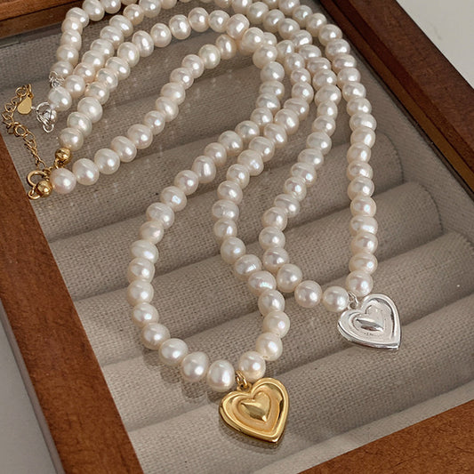 Gold heart freshwater pearls necklace