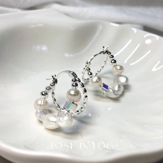 Lost in fog Swarovski crystal and freshwater pearls sterling silver earrings