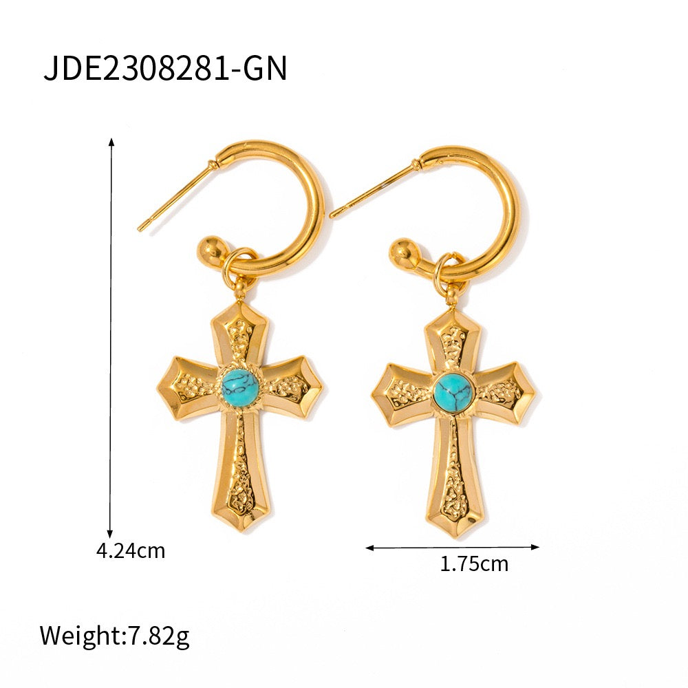 Blue heart cross earrings