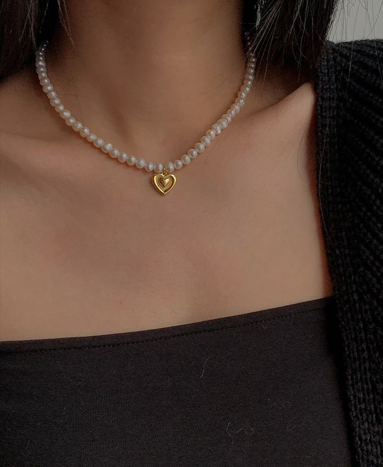 Gold heart freshwater pearls necklace