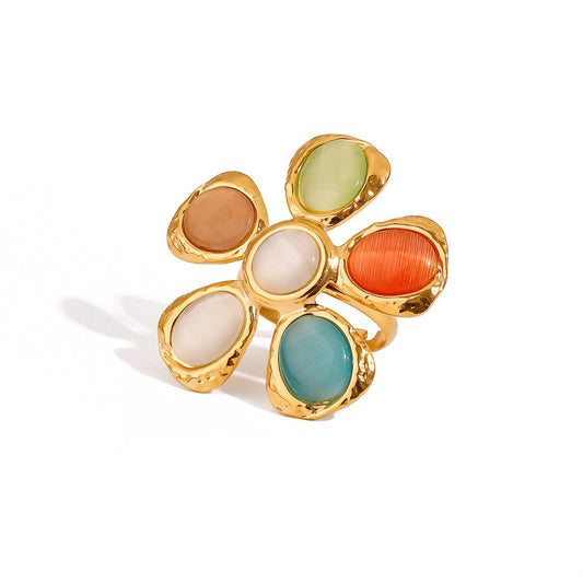 Rainbow cateye flower rings
