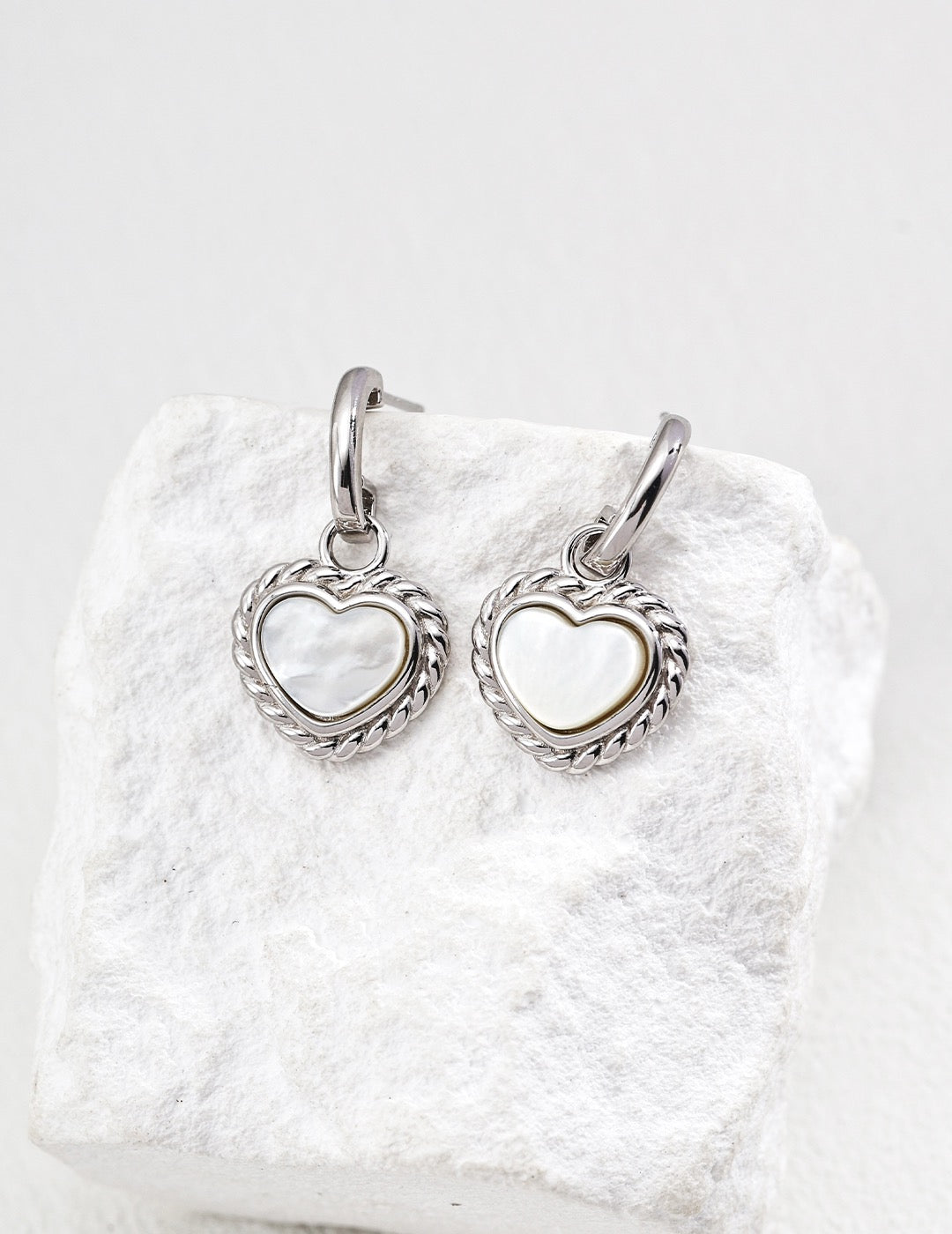 White mother of pearls heart hoops